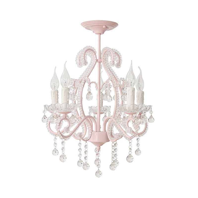 Geometrischer Kronleuchter -Anhänger Licht mit Kristallperlen Akzent Macaron 5 Lichter Deckenheizlicht in Rosa