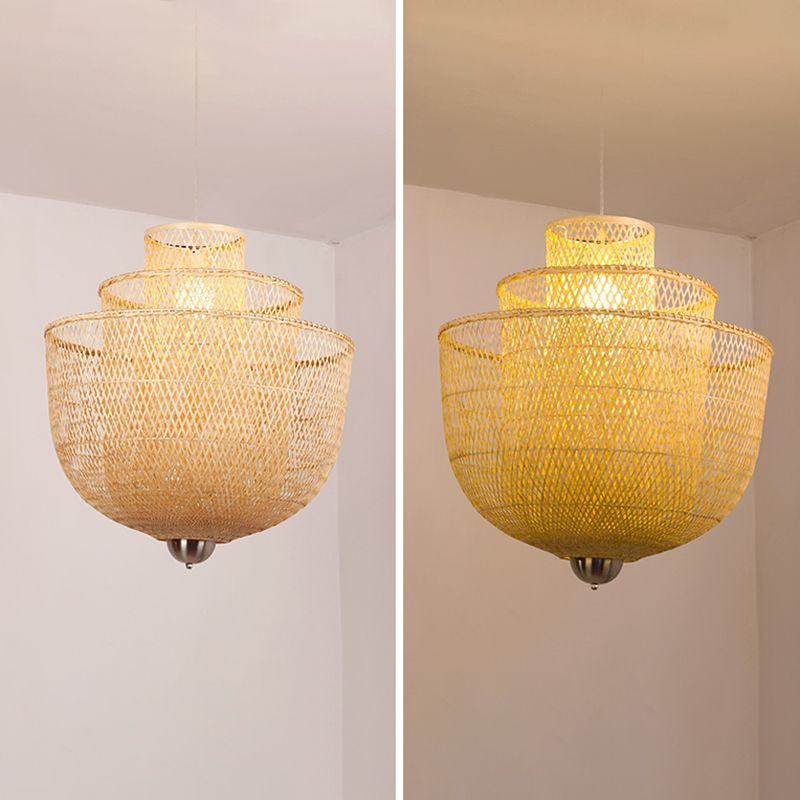 1-Light Rattan Japanese Pendant Light Beige Down Lighting for Dining Room