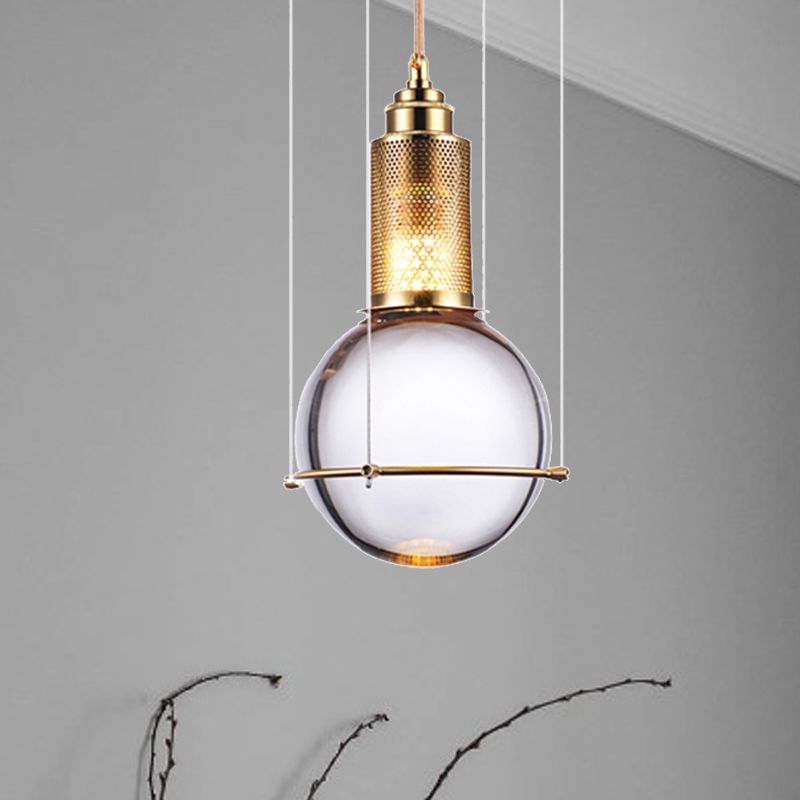 Modern Ball Pendant Lamp Clear Crystal 1 Light LED Bedroom Hanging Lamp with Gold Mesh Cage in Warm/White Light