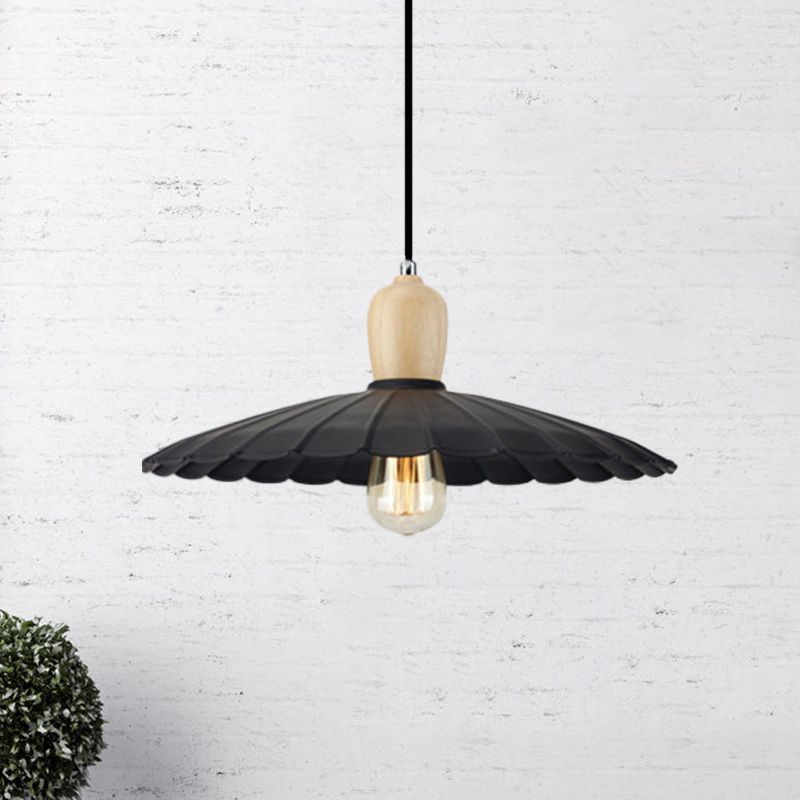 1 Light Scalloped Edge Hanging Lamp Vintage Stylish Black/White/Black Outer and White Inner Metal Pendant Light for Dining Table, 9"/14"/16" Diameter