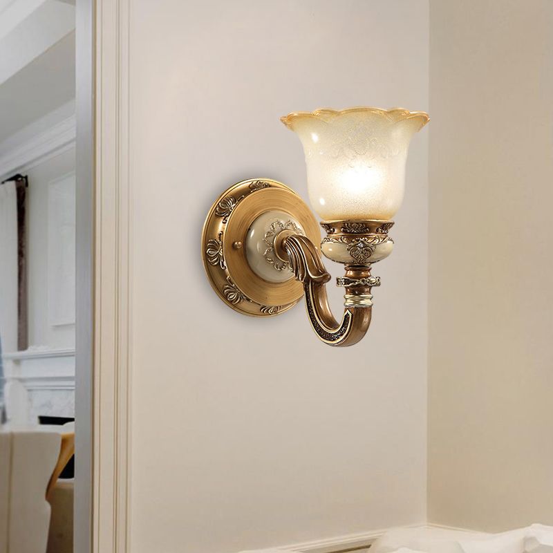Flower Shape Bedroom Wall Sconce Rustic Milky Glass 1/2-Head Brown Swooping Arm Wall Mounted Light Fixture