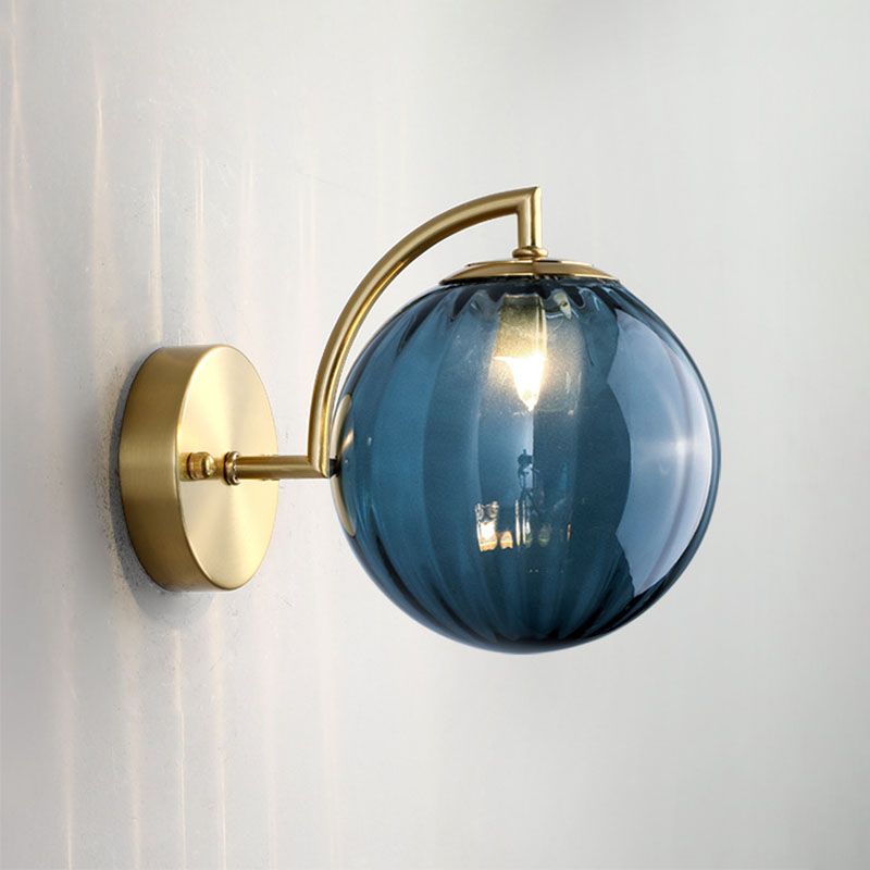 1-Bulb Bedside Wall Lighting Simple Gold Finish Sconce with Ball Rib Glass Shade