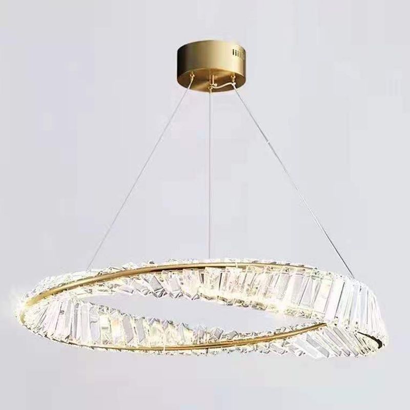 Modern Luxury LED Pendant Light Wrought Iron Circular Hanging Lamp with Crystal Shade