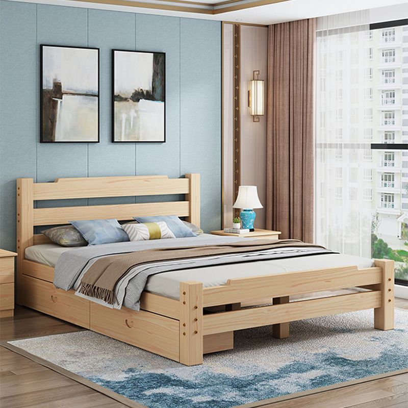 Pine Wood Bed in Light Brone Scandinavian Bed with Headboard