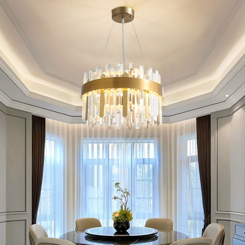 Drum Ceiling Chandelier Modernism Cut Crystal LED Gold Hanging Light Kit for Dining Room