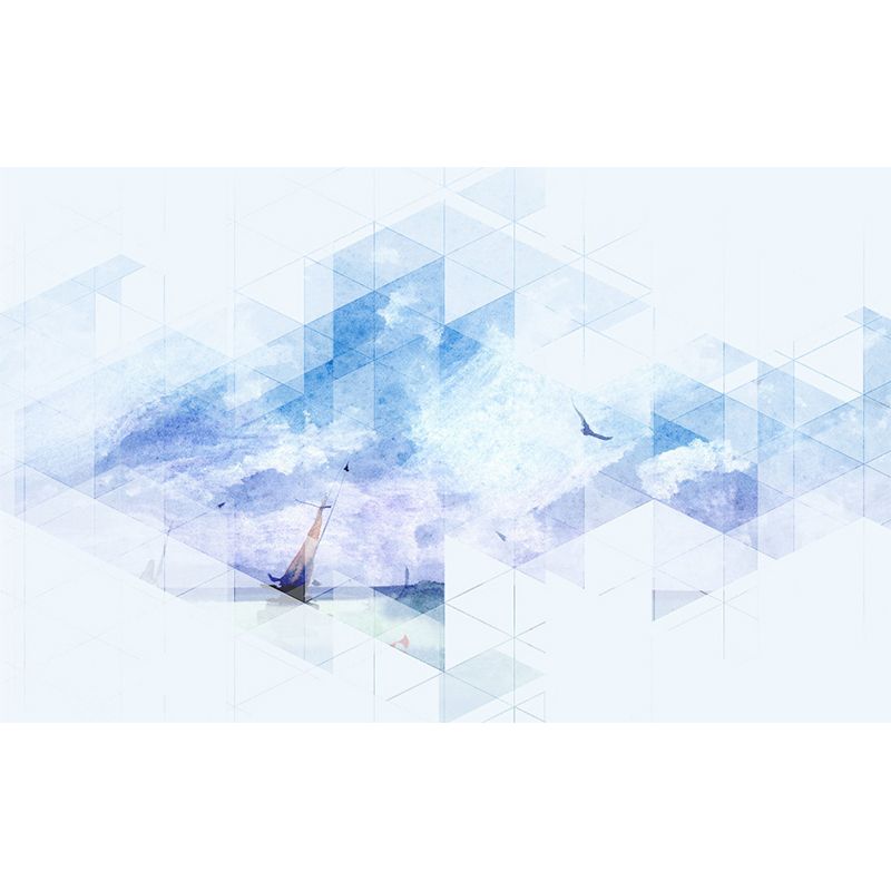 Contemporary Sailboat at Sea Mural Decal Blue and Purple Geometry Wall Art for Decoration