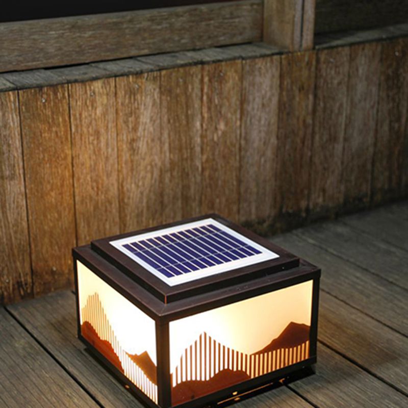 Rectangle Shape Metal Outdoor Light Modern 1 Light Solar Pillar Lamp in Brown