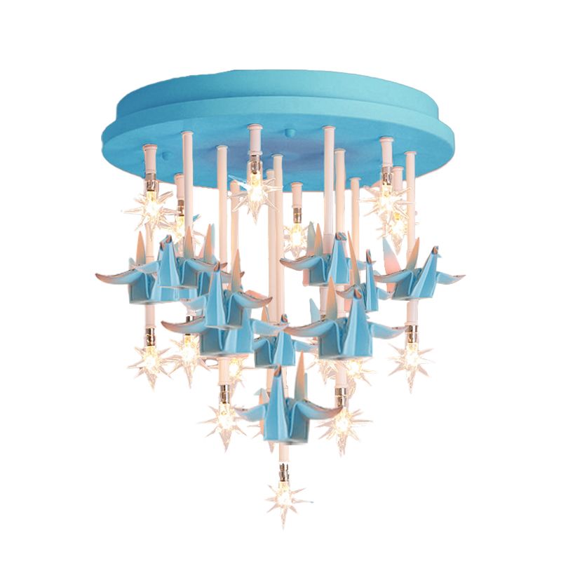 Resin Horse/Bird/Crane Ceiling Light Fixture Kids 13/16 Lights Blue/Pink Flush Mount Lighting with Clear Glass Shade