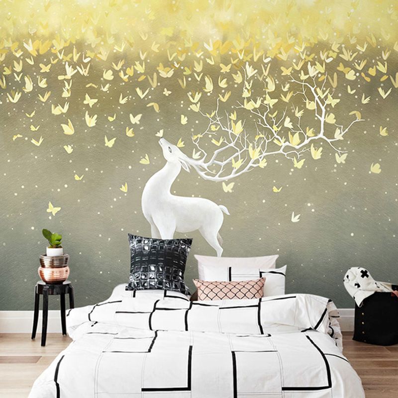 White and Gold Deer Wall Art Water-Resistant Mural Wallpaper for Living Room