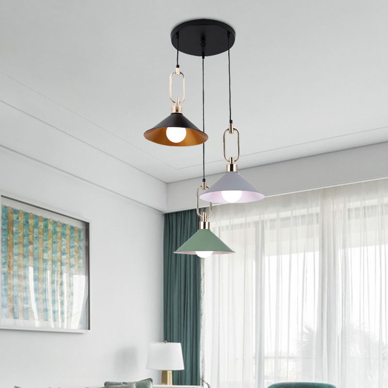 Colorful Flare Multi Light Pendant Macaron 3 Bulbs Iron Hanging Lamp with Black Round/Linear Canopy
