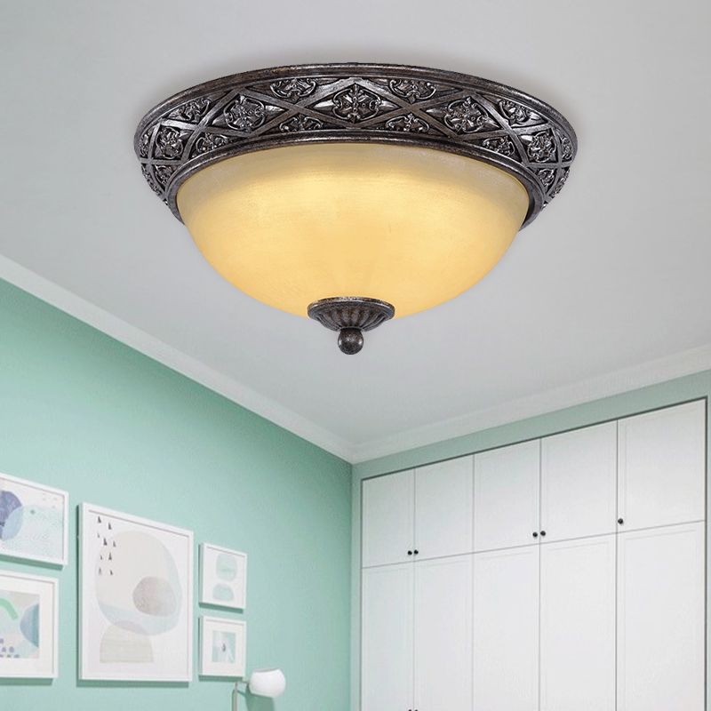 2 Bulbs Close to Ceiling Light Traditional Carved Floral Patterned Dome Frosted Glass Flush Mount in Black
