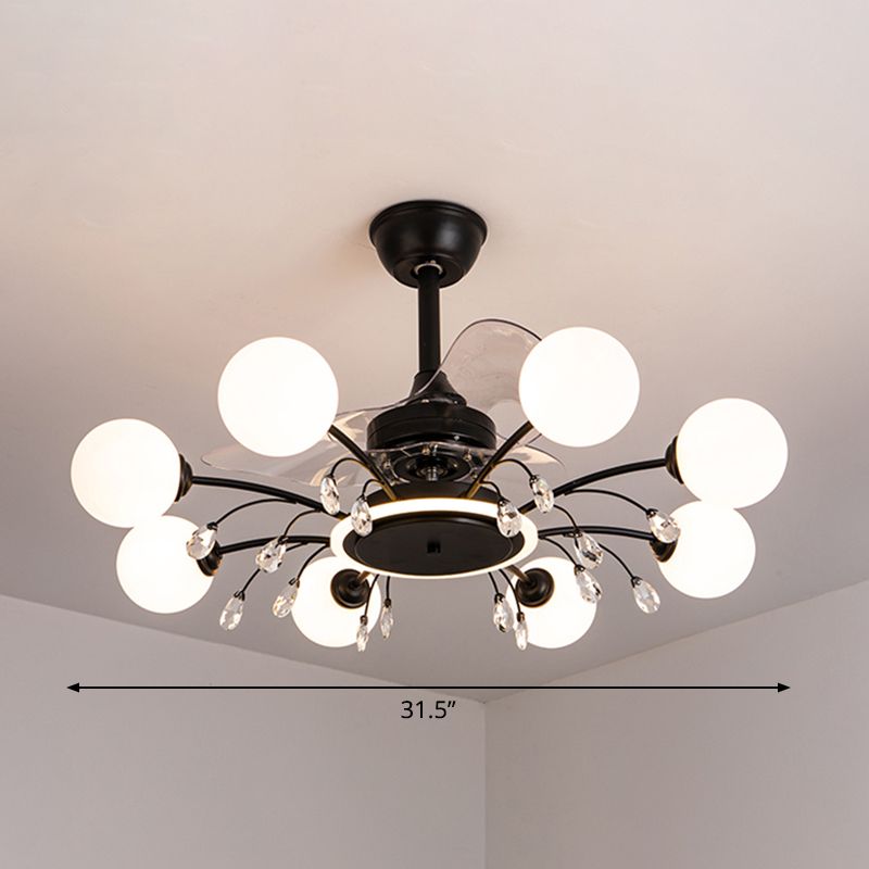 3 Blades Ball Wohnzimmer Anhänger Lüfter Leicht weißes Glas Postmoderne Fernbedienung Halbblütiglicht mit K9 -Kristallen