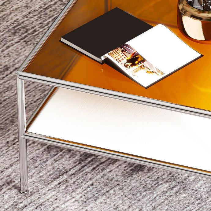 Contemporary Square Coffee Table with Shelf and Glass Top and Steel 4 Legs