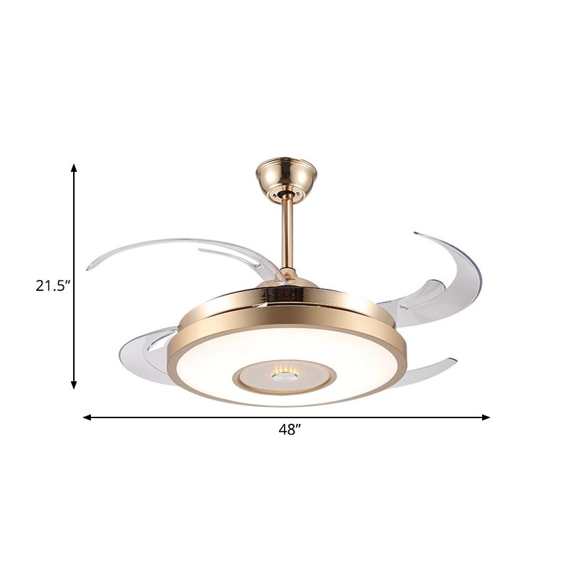 Gold tambor colgante de la lámpara de ventilador de ventilador de acrílico modernista 4 cuchillas LED Semi Flushmount, 48 "de ancho