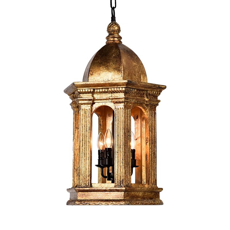 3 Lights Metal Chandelier Lamp Vintage Gold Lantern Bar Adjustable Down Lighting Pendant