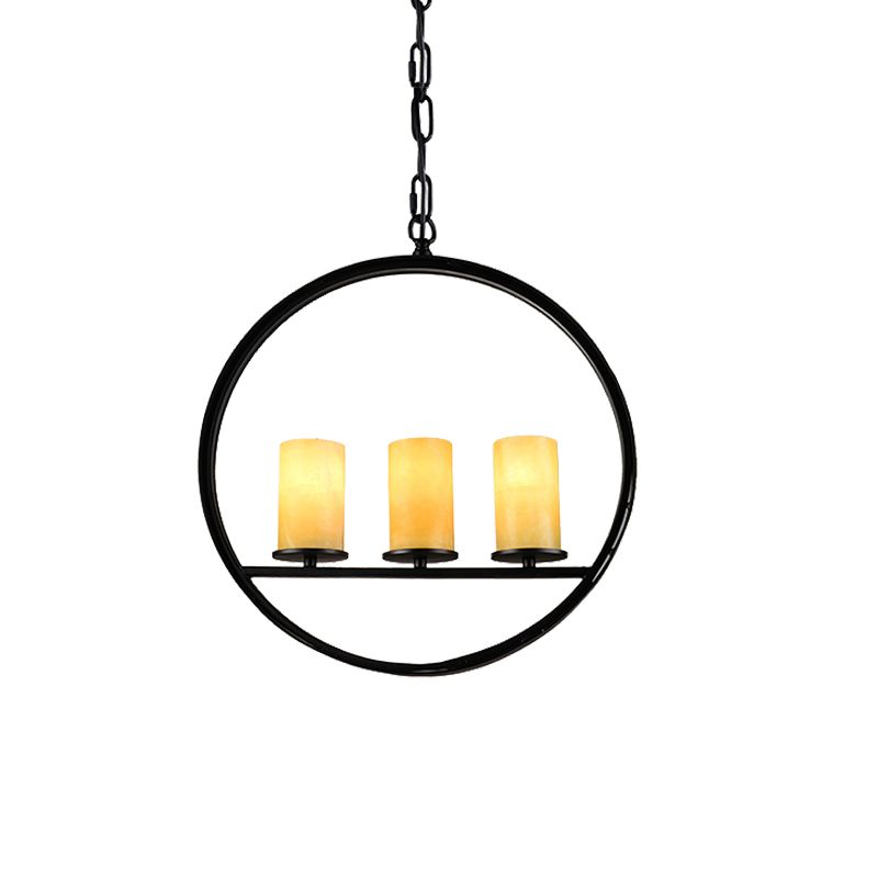 Black 3 Heads Suspension Light Vintage Metal Ring Chandelier Lamp Fixture with Cylinder Yellow Dolomite Shade