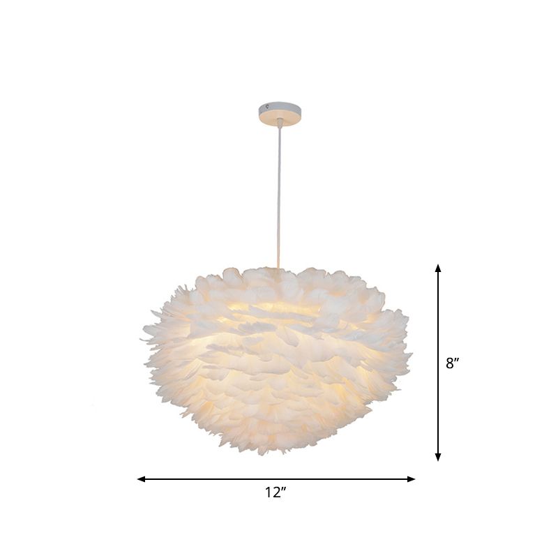 Domed Pendant Light Fixture Simple Feather Single White Ceiling Suspension Lamp for Dining Room, 12"/16" W