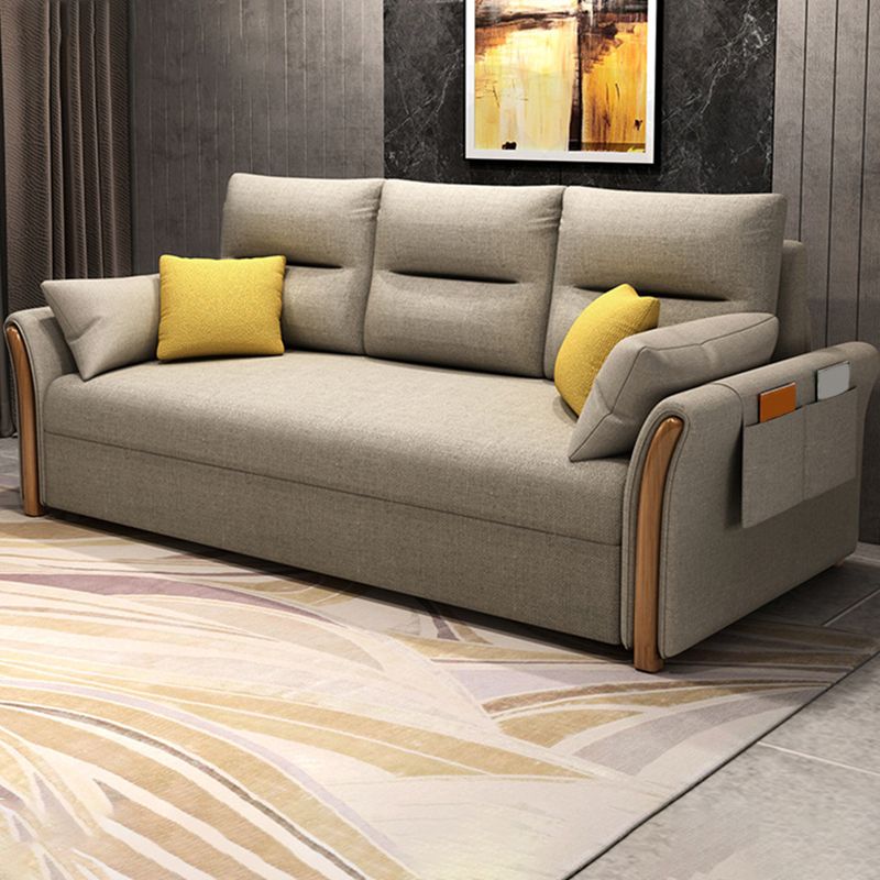 Flared Arm Sofa Bed Gray Linen Sewn Pillow Back Folding Sofa with Storage