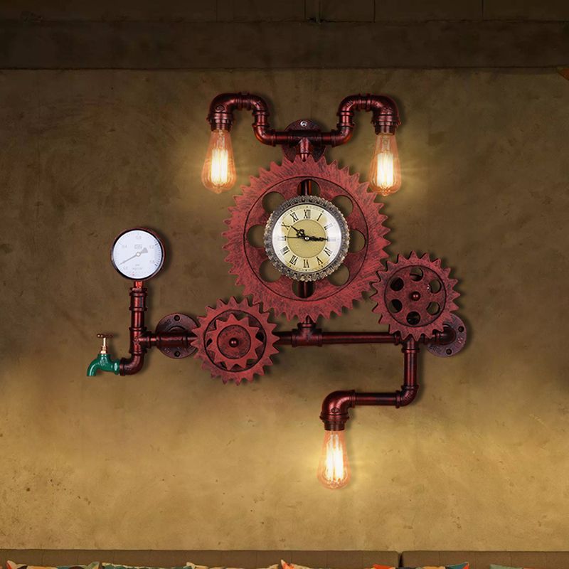 Rust Open Bulb Wall Lighting Factory Metal 2/3-Light Restaurant Sconce with Pipe and Gear Design