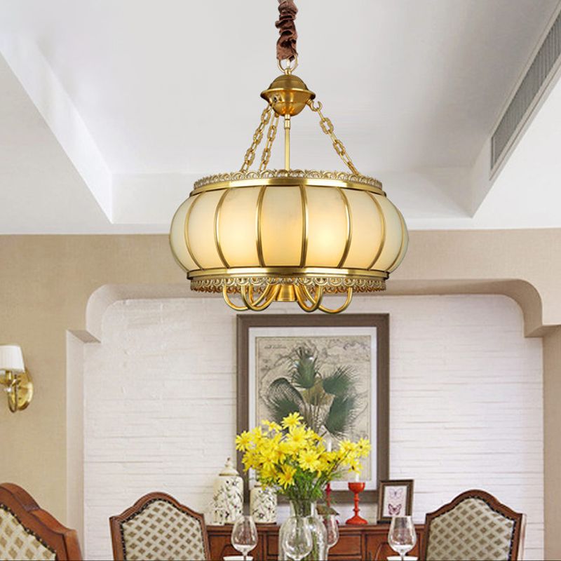 Drum Living Room Pendant Chandelier Colonial Opal Blown Glass 4 Heads Brass Hanging Ceiling Light