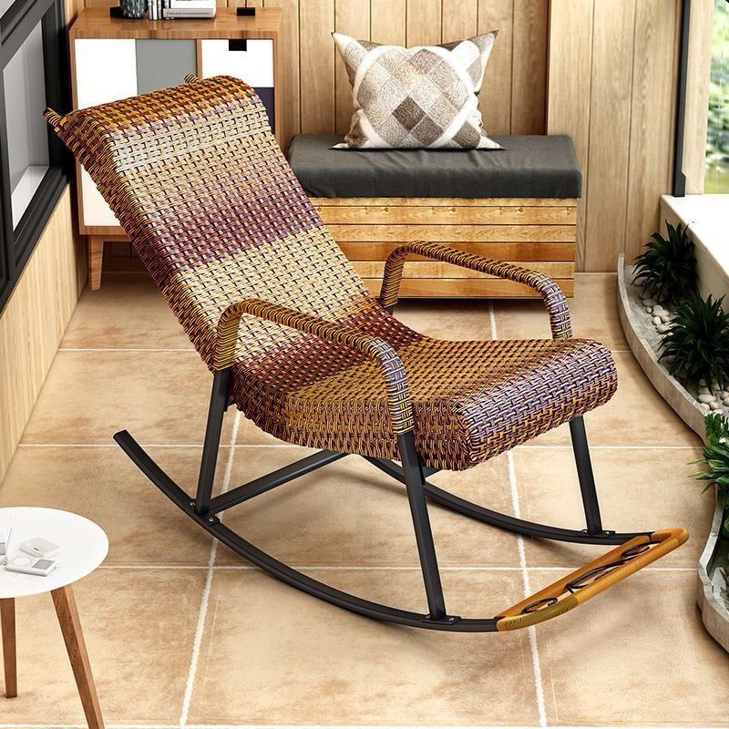 Woven Rope Rocking Chair Contrast Color Water Resistant Rattan Rocker Chair