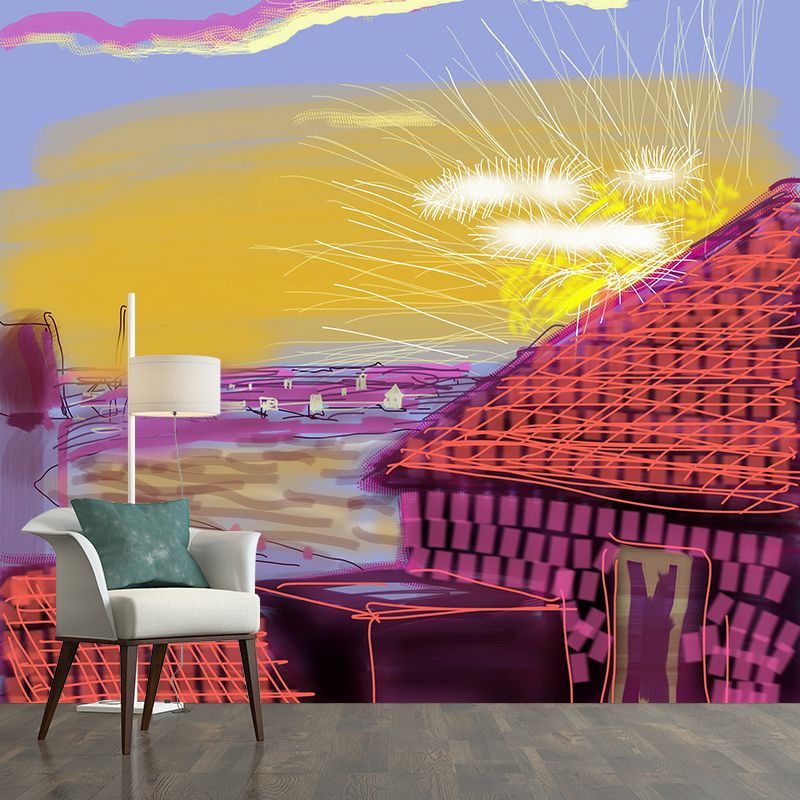 Farmhouse Sunset Scene Mural Wallpaper Artistry Smooth Wall Decoration in Purple-Yellow
