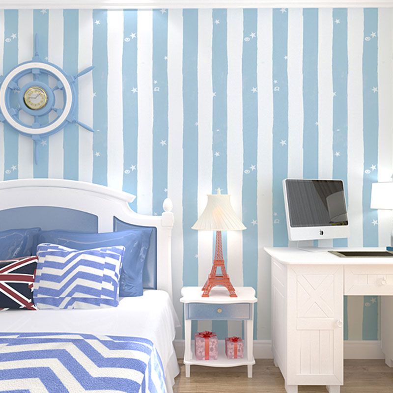 Simple Wall Covering in Pastel Color Vertical Stripe and Star Wallpaper for Kid, 20.5"W x 33'L