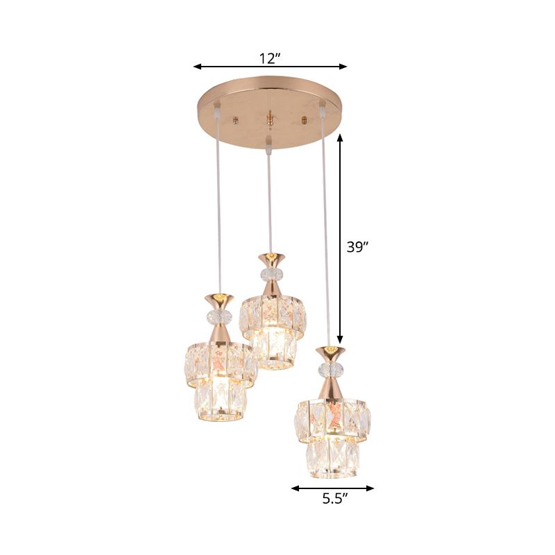 Gold 2 Layers Cluster Light Pendant Modern 3-Head Beveled Crystal Block Hanging Lamp Kit