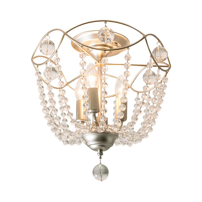 Silver 3 Lights Hanging Light Fixture Traditional Crystal Strand Dome Chandelier Light