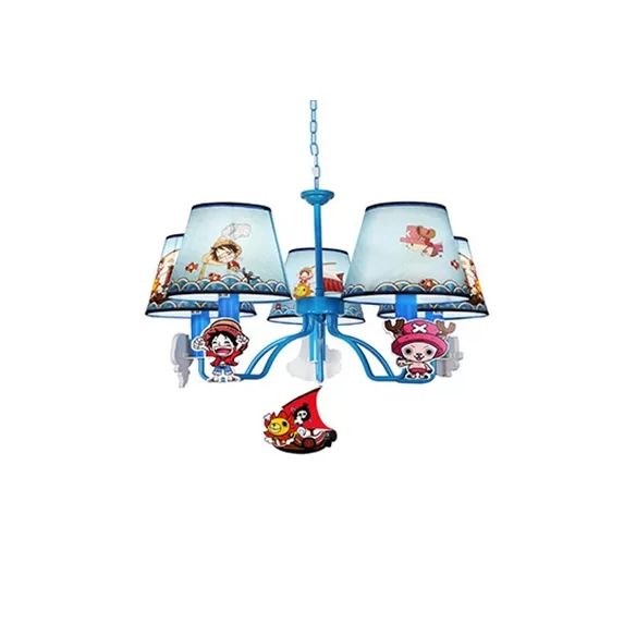 Cartoon Pirat -Kronleuchter mit verjüngten Schatten Metall 5 Köpfen Blau Anhänger Licht für Jungen Schlafzimmer