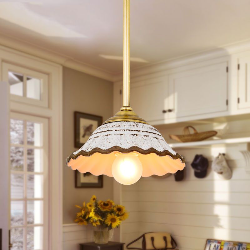 Bowl Shaped Ceramic Drop Pendant Rural Single Dining Room Pendulum Light with Scalloped Trim in White