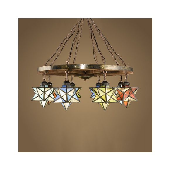 Brass Wheel Pendant Light with Stained Glass Star Shade Rustic Chandelier Lighting for Foyer