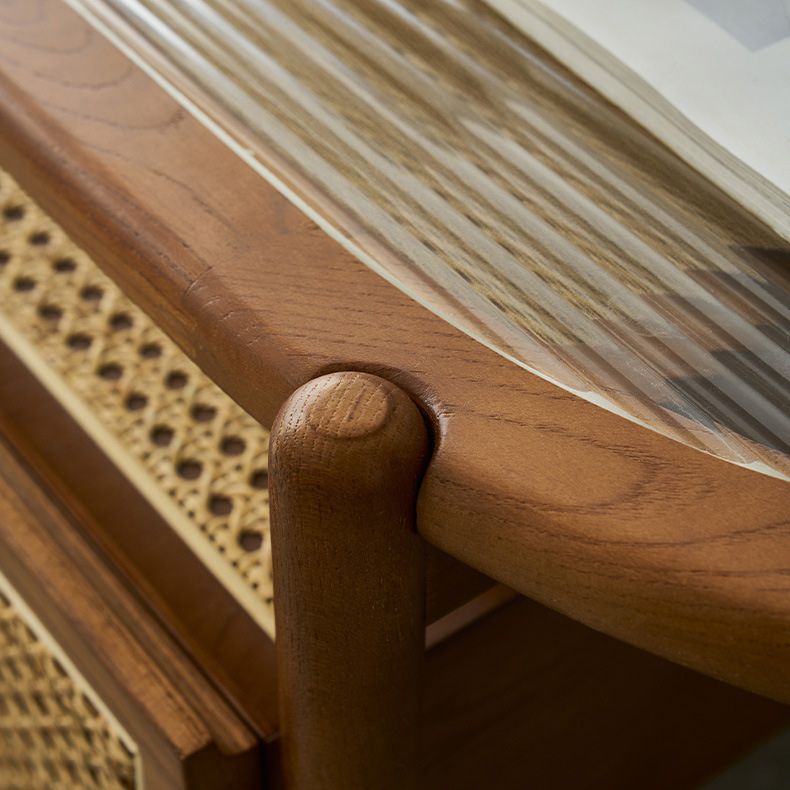 Modern Oval Glass Top Coffee Table with Shelf and 4 Drawers Cocktail Table