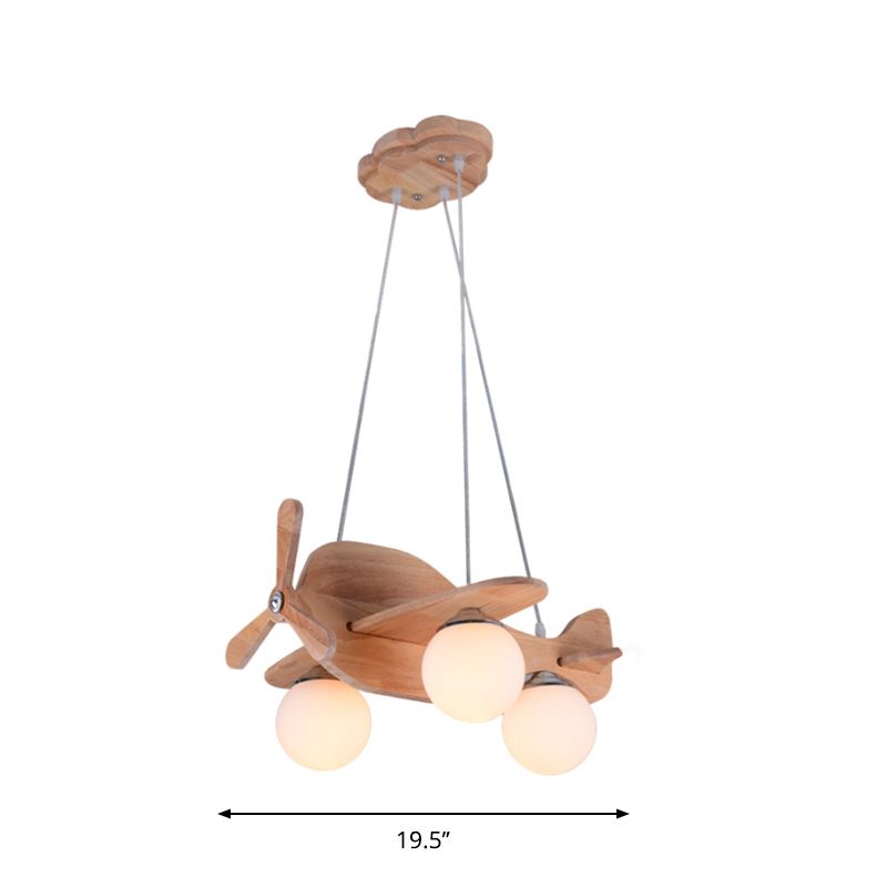Creative Kids 3-Light Hanging Lamp Wood Plane Shaped Chandelier with Ball White Glass Shade