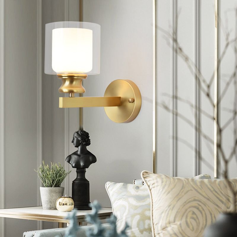 Modern 1 - Light Armed Wall Lighting Solid Brass and Cylinder Glass Shade Wall Sconce