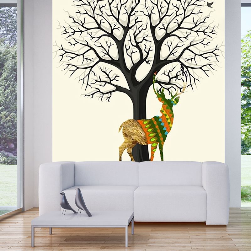 Deer and Leafless Tree Mural Nordic Moisture Resistant Bedroom Wall Covering, Custom Made