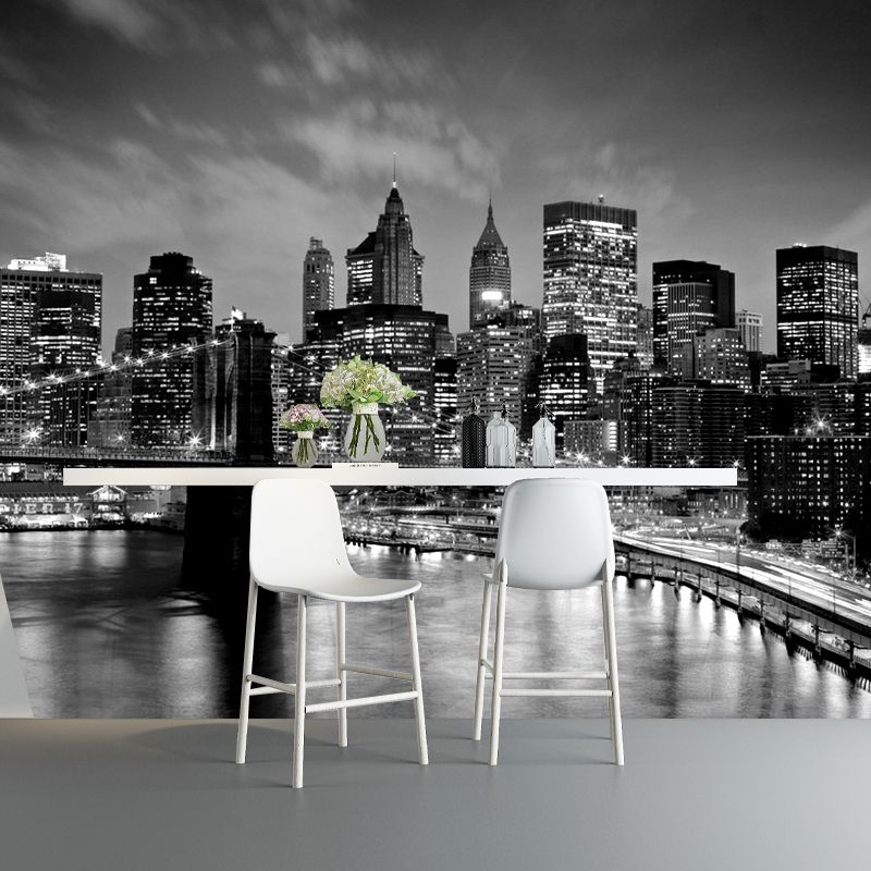 Modern Simple Wall Mural Black Night Scene of Bridge and Skyscraper Giant Wall Covering, Made to Measure
