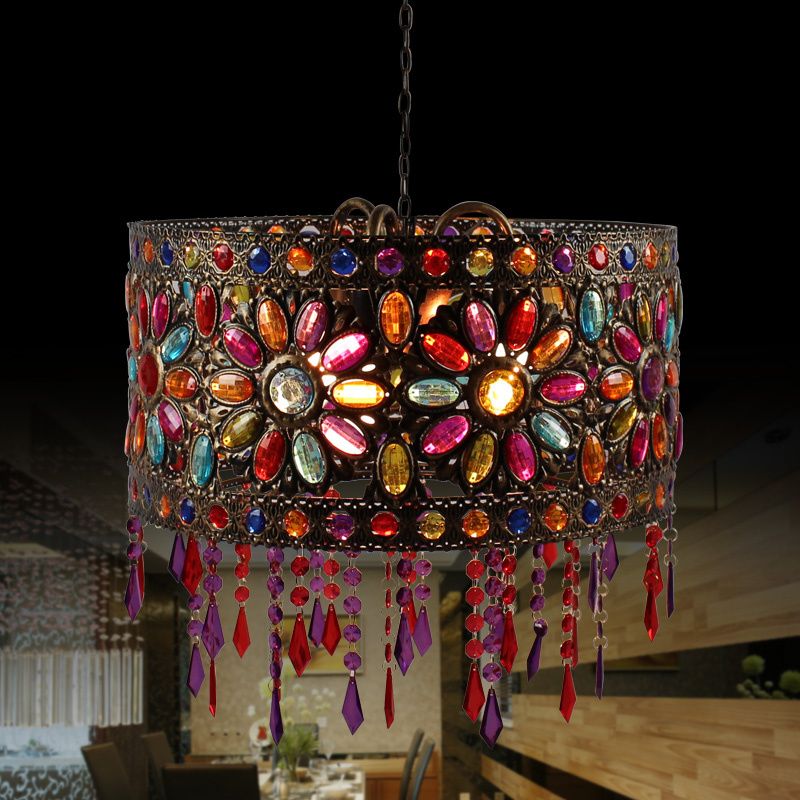 Drum Restaurant Chandelier Lighting Art Deco Metal 3 Bulbs White/Black Pendant Light Fixture with Crystal Accent