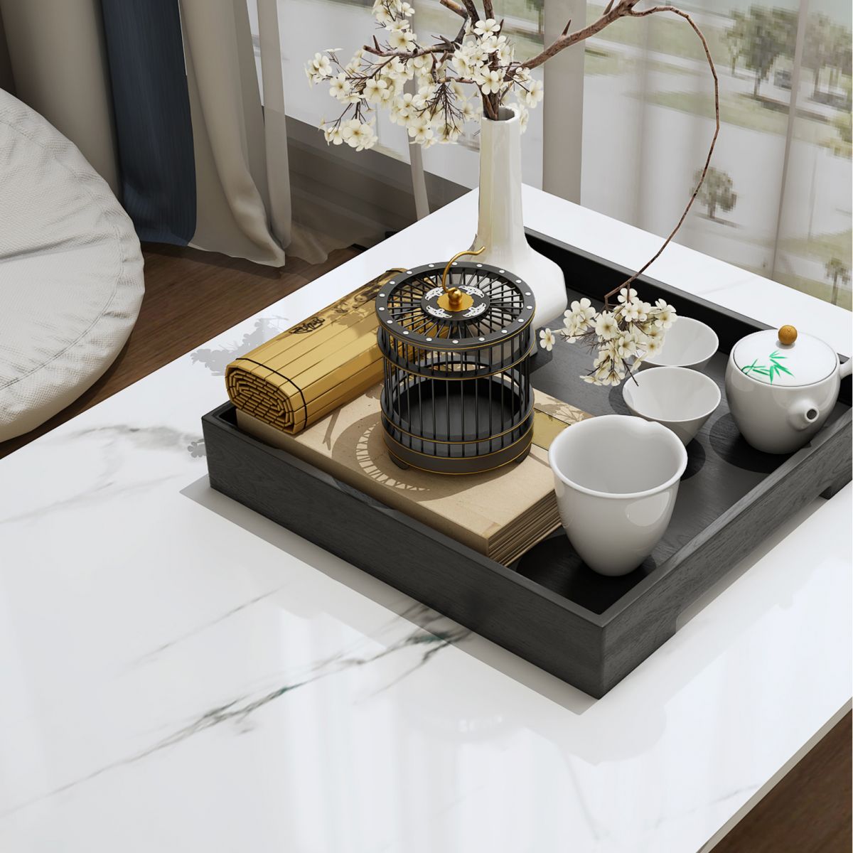 Glam Sled Coffee Table Set Slate Rectangular Coffee Table for Home