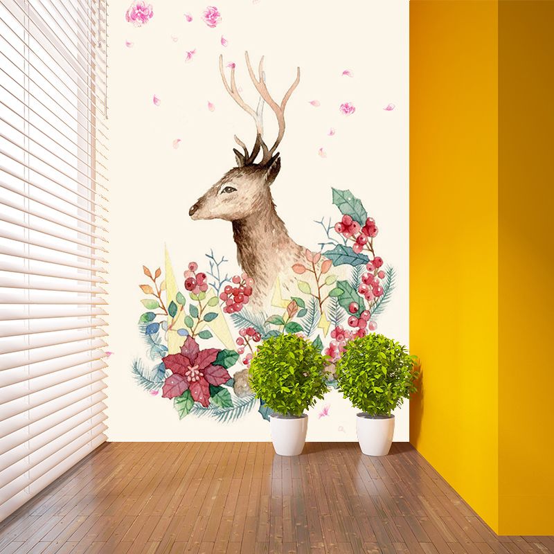 Decorative Deer with Wreath Murals Wallpaper for Accent Wall Customized Wall Art in Red-Green
