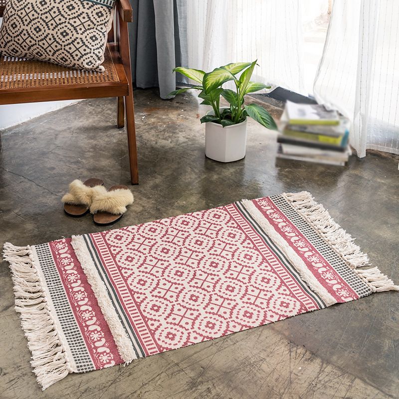 Bohemian Indoor Rug Funky Washable Rug Cotton Blend Area Carpet with Fringe