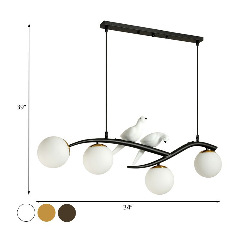 Lait blanc / fumée en verre gris globe lustre lumière minimale 4 lumières suspension suspension lumière en noir / or avec oiseaux déco