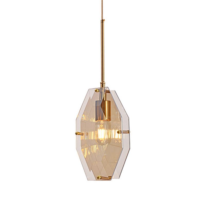 Double Diamond Sheet Ceiling Pendant Mid-Century Amber Glass 1 Bulb Bedside Hanging Light in Brass