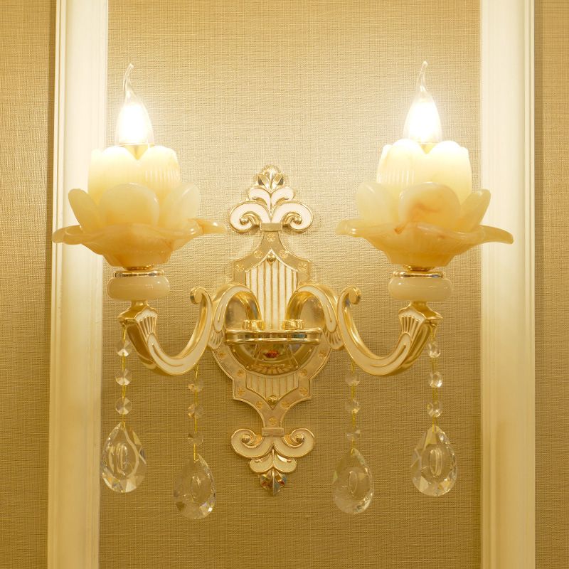 Ruffle Jade Wall Lamp Retro Style Living Room Wall Light with Crystal Accent in Gold