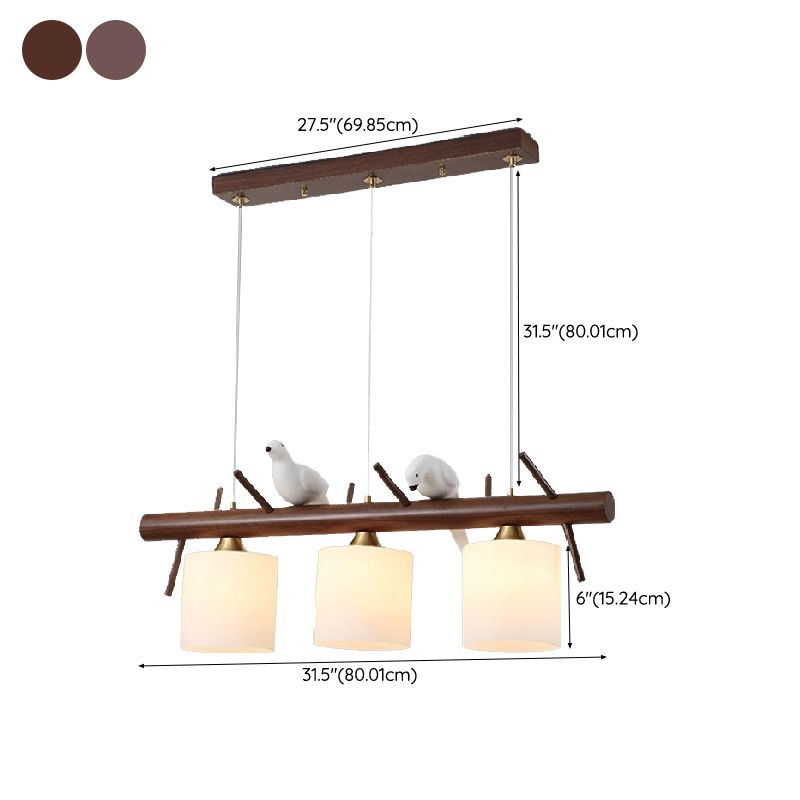 Wood Modern Pendant Light Cylinder Shape Island Light with Glass Shade for Living Room