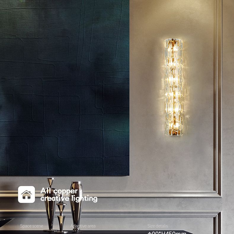 Brass Cylindrical Flush Mount Wall Sconce Postmodern LED Crystal Wall Light for Hallway