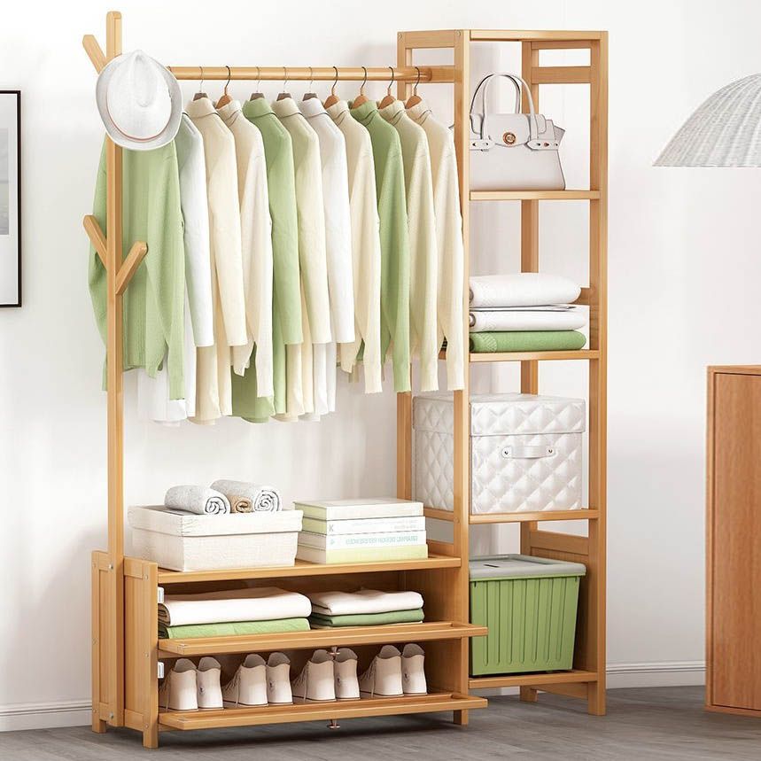 Contemporary Style Wardrobe Armoire Bamboo Armoire with Garment Rod for Home