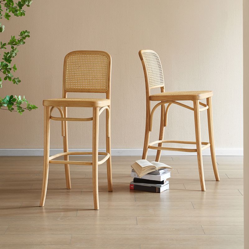 Contemporary Armless Rattan Bar Stool with Ash Solid Wood Base