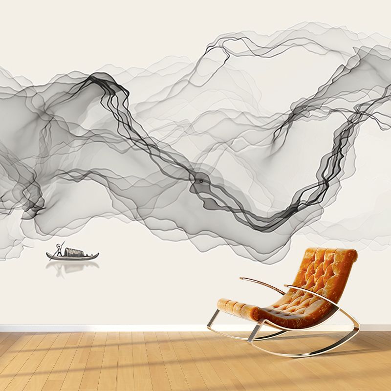 Irked Smoke Mural Wallpaper Black Chinese Traditional Wall Decor for Guest Room
