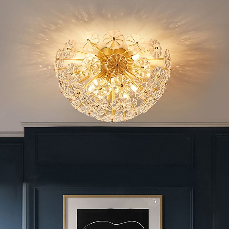 Dome Shaped Flush Mount Modern Crystal Flower Living Room Flushmount Ceiling Light in Brass
